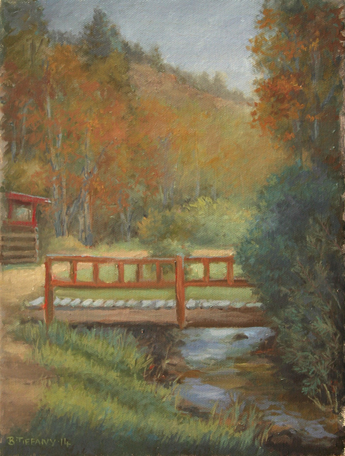 Painting of the beautiful bridge over Drowsy Water Creek.