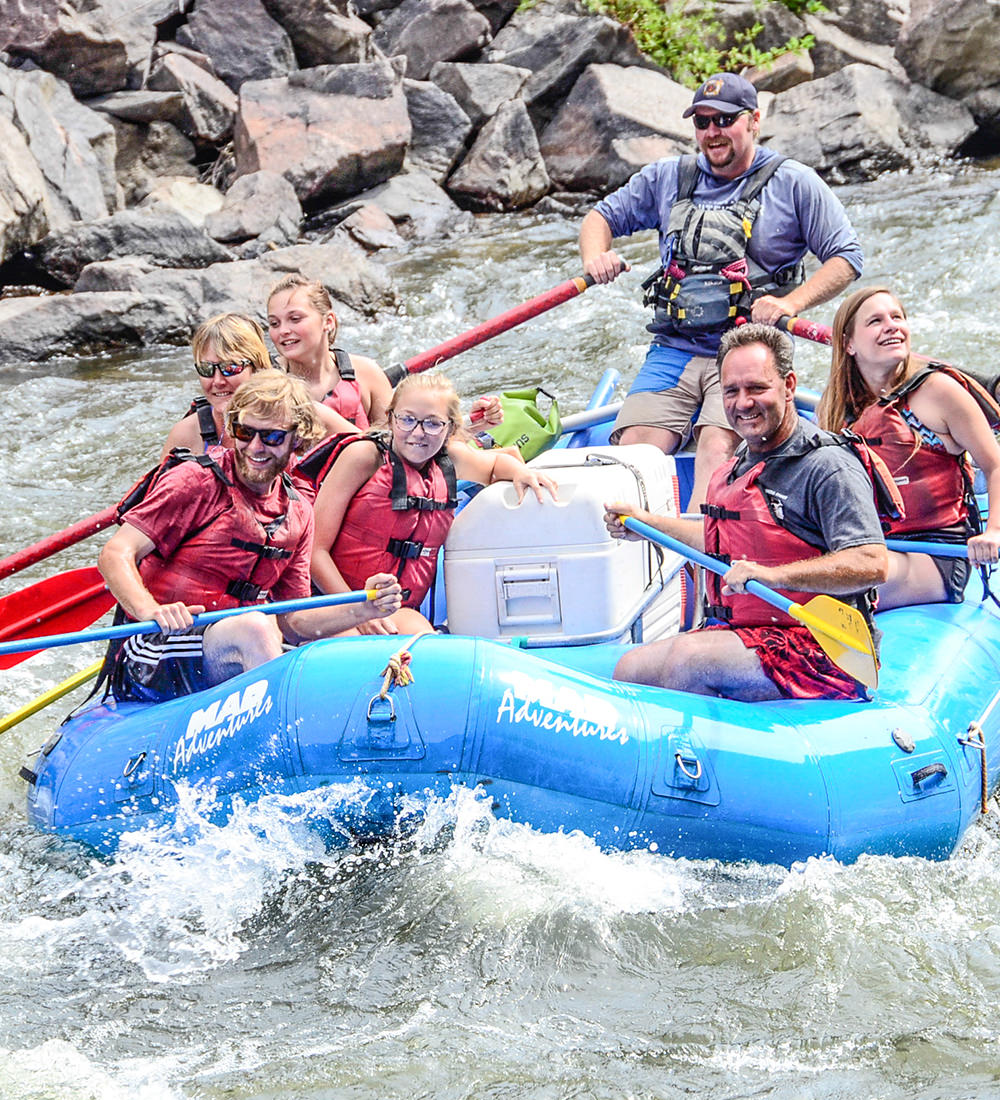 group action shot rafting the Colorado River near Drowsy Water Ranch